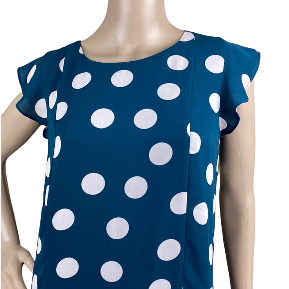 Loft MP Teal Polka Dot Ruffle Hem Shift Dress Sleeveless Petite M Modest - Picture 2 of 7